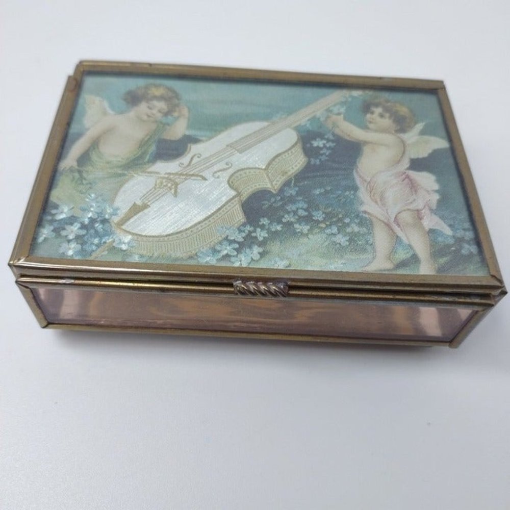 Handcrafted Via Vermont Glass Coffin Box Mexico Trinket Cherub Chello Gold 4x3